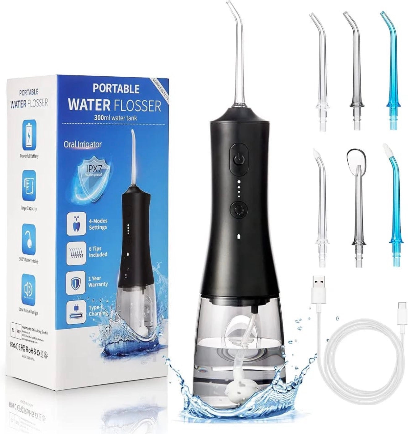 Hydropulseur Dentaire Portable Sans Fil — Jet Dentaire 300ml, 4 Modes, 6 Embouts, Rechargeable USB-C