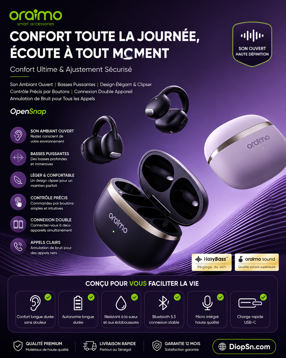 Oraimo OpenSnap – Écouteurs Bluetooth Open-Ear | Bluetooth 5.3 | Son HD | Confort Toute la Journée