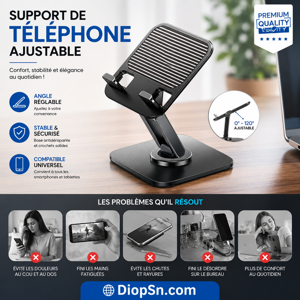 Support de Téléphone Pliable et Réglable – Rotation 360° | Stable | Compatible iPhone & Android