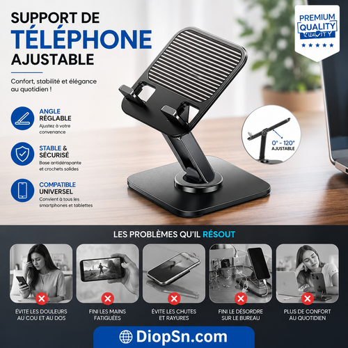 Support de Téléphone Pliable et Réglable – Rotation 360° | Stable | Compatible iPhone & Android